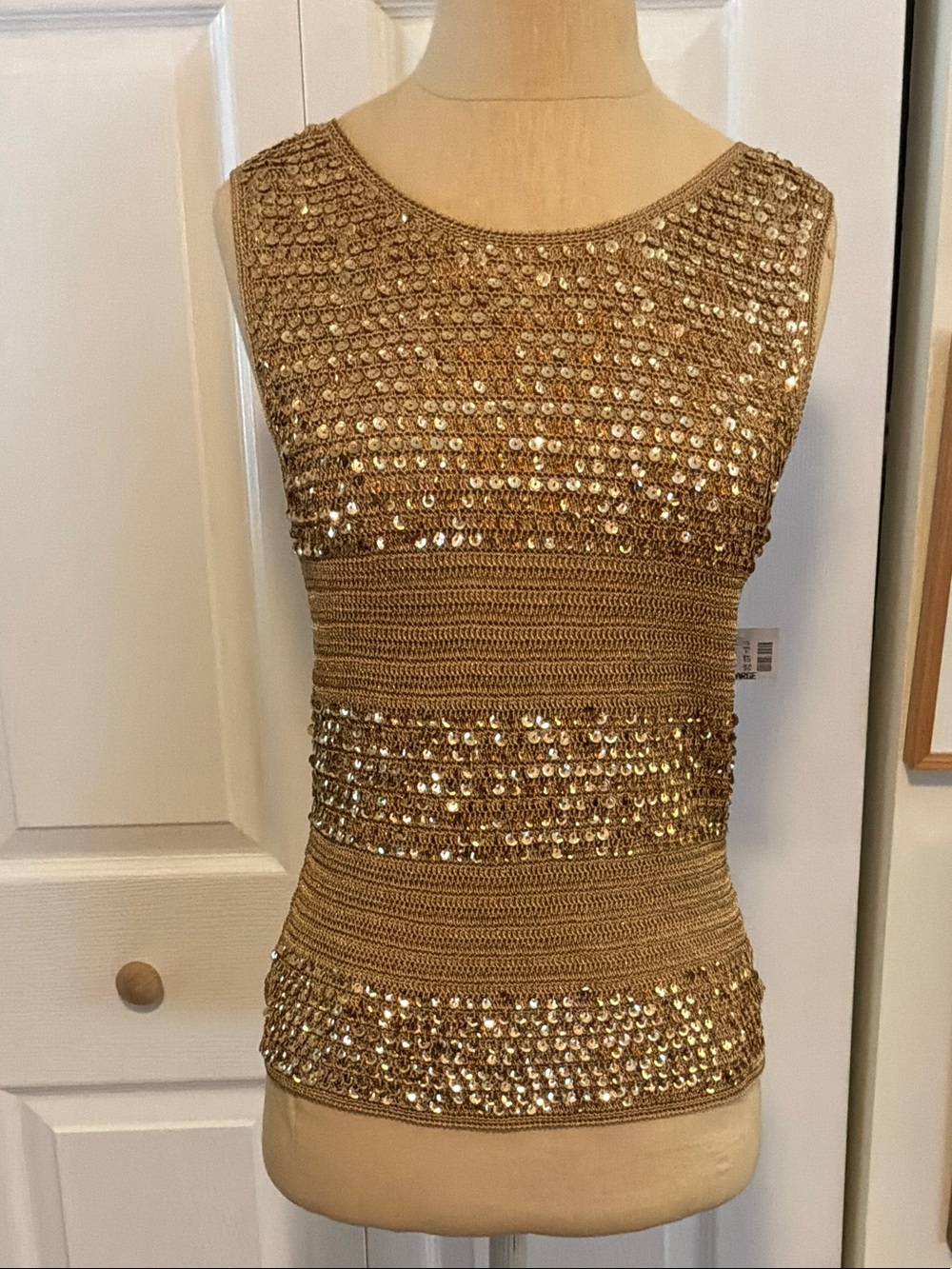 Papell Boutique Gold Sequin Crochet Tank Top